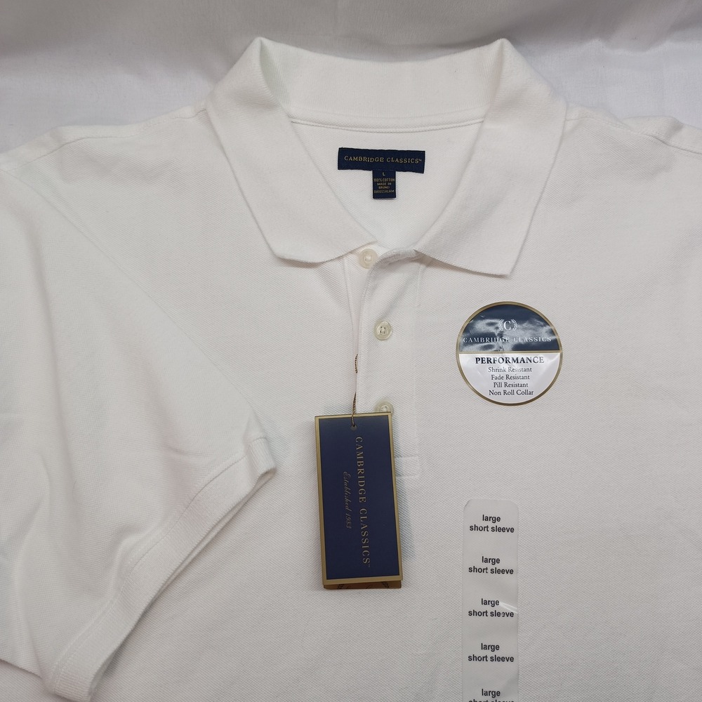 Cambridge Classics Mens Performance Polo Shirt White Cotton Pique Large NWT
